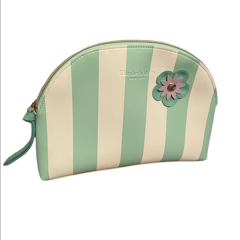 Elizabeth Arden Green and White stripe with flower make-up bag